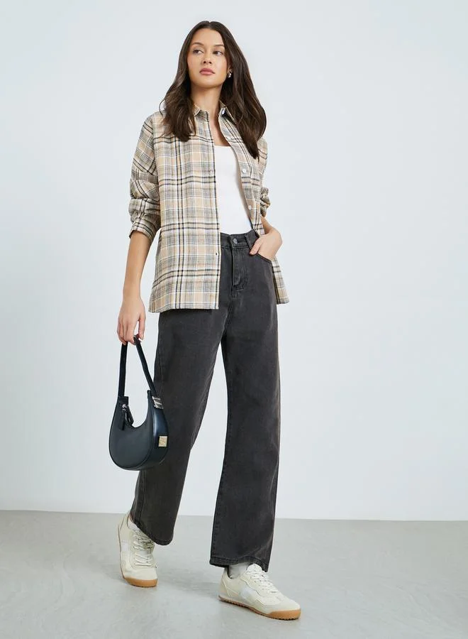 Styli Khaki Plaid Oversized Long Sleeve Shirt