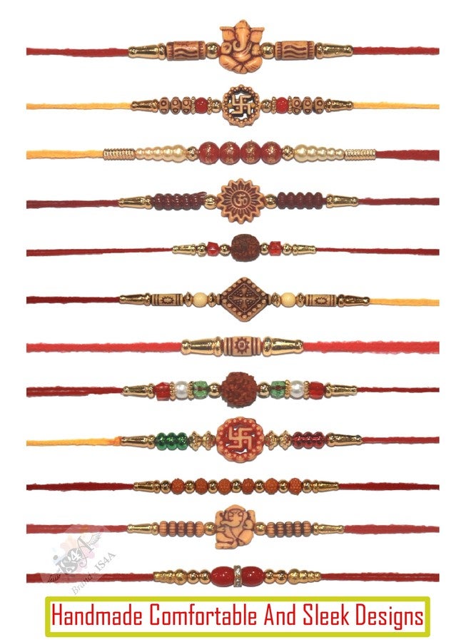 IS4A Set of 12 Bracelets for Brothers Assorted Bracelet With Rudraksha Beads Bracelet Designer Round Beads Rakhi for Brother Handmade Rakhi (Set Of 12 Om Design) - Image 3