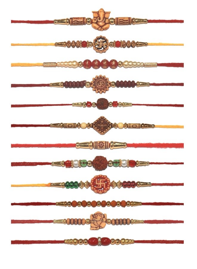 IS4A Set of 12 Bracelets for Brothers Assorted Bracelet With Rudraksha Beads Bracelet Designer Round Beads Rakhi for Brother Handmade Rakhi (Set Of 12 Om Design) - Image 1