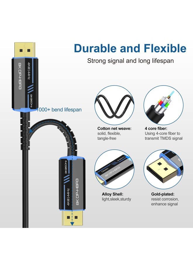 ecjtu 8K DP Fiber Optic Cable 82ft/25m, Long Displayport 1.4 Cable, 32.4Gbps Ultra High Speed, 8K@60Hz, 4K@144Hz, Support HBR3, DSC 1.2, HDR10, Compatible with Graphics Card, VR Headset, Projector, Monitor - Image 4