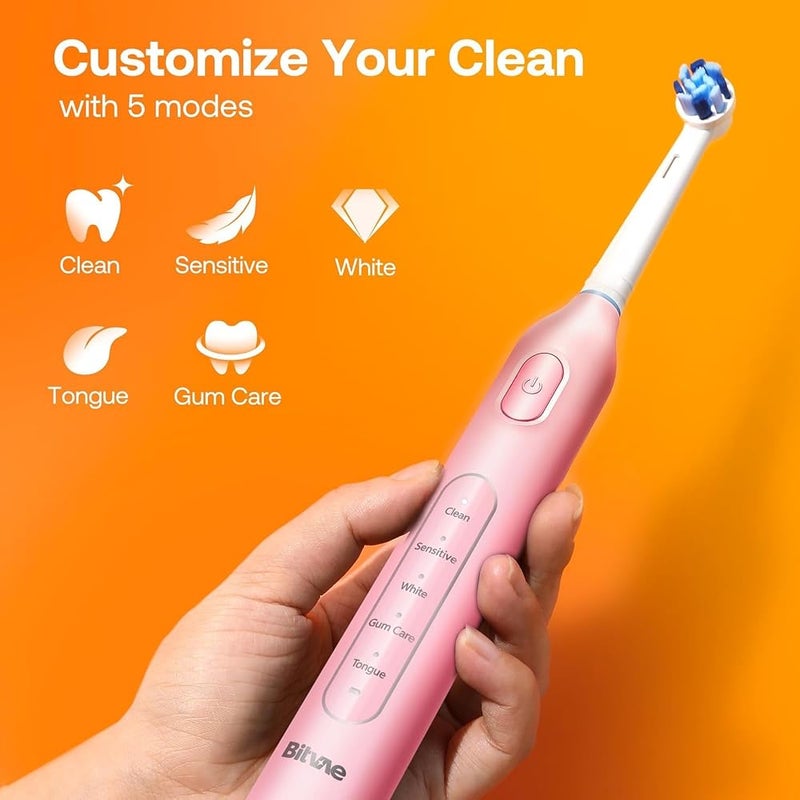 Bitvae R1 Rechargeable Rotary Electric Toothbrush for Adults & Children, 5 Cleaning Modes, 8 Replacement Brush Heads, 60-Day Battery, Smart 2-Minute Timer, Pink - Image 3