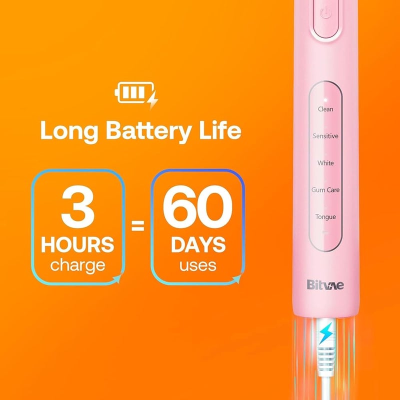 Bitvae R1 Rechargeable Rotary Electric Toothbrush for Adults & Children, 5 Cleaning Modes, 8 Replacement Brush Heads, 60-Day Battery, Smart 2-Minute Timer, Pink - Image 5