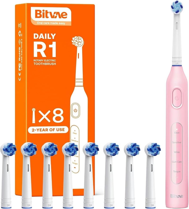 Bitvae R1 Rechargeable Rotary Electric Toothbrush for Adults & Children, 5 Cleaning Modes, 8 Replacement Brush Heads, 60-Day Battery, Smart 2-Minute Timer, Pink - Image 1