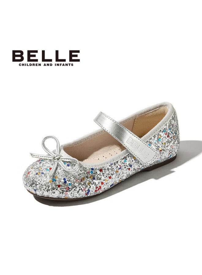 Belle Children's Shoes, Girls' Leather Shoes, Kids' Princess Shoes, Crystal Shoes, Performance Shoes, Spring And Autumn Soft-soled Flats, Silver, Size 32 - Image 4