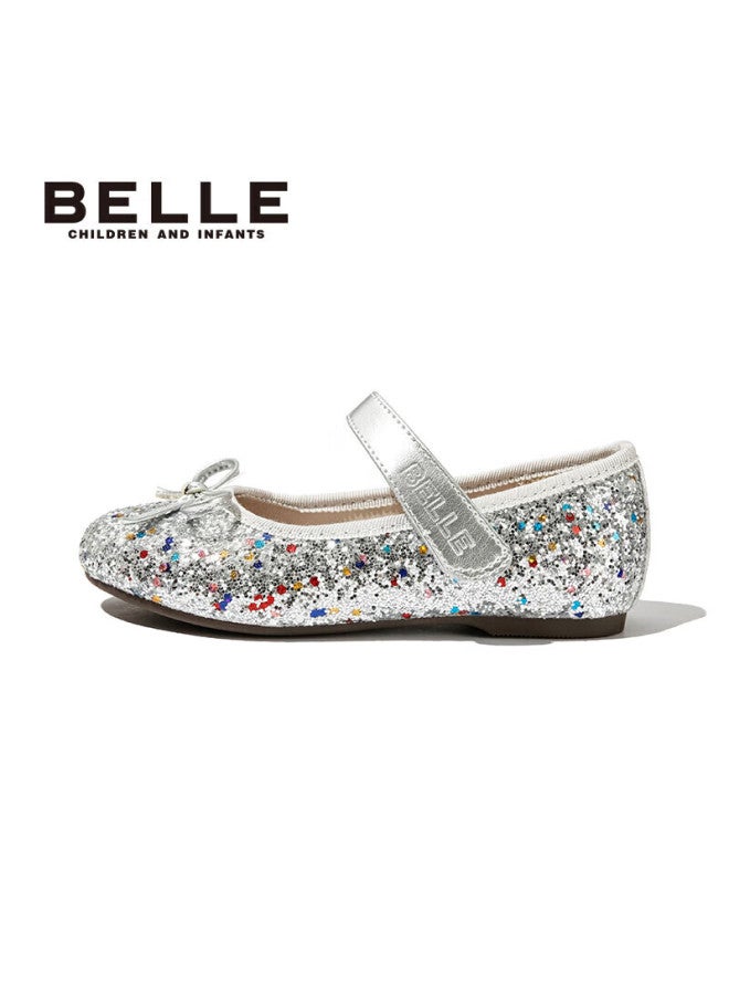 Belle Children's Shoes, Girls' Leather Shoes, Kids' Princess Shoes, Crystal Shoes, Performance Shoes, Spring And Autumn Soft-soled Flats, Silver, Size 32 - Image 3