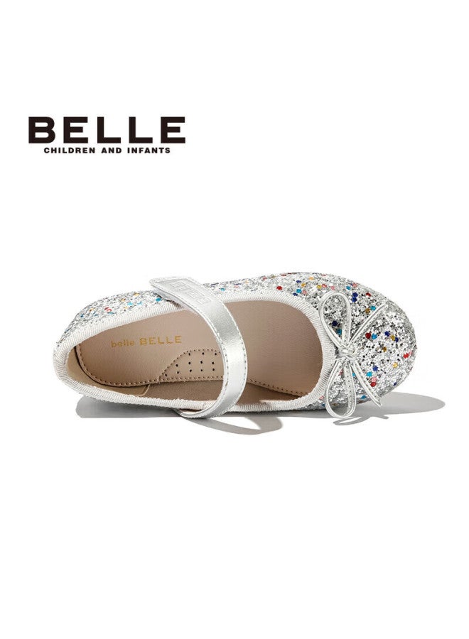 Belle Children's Shoes, Girls' Leather Shoes, Kids' Princess Shoes, Crystal Shoes, Performance Shoes, Spring And Autumn Soft-soled Flats, Silver, Size 32 - Image 1