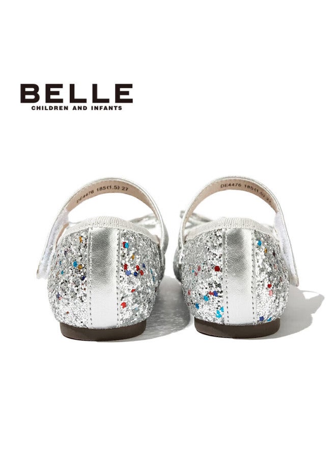 Belle Children's Shoes, Girls' Leather Shoes, Kids' Princess Shoes, Crystal Shoes, Performance Shoes, Spring And Autumn Soft-soled Flats, Silver, Size 32 - Image 2