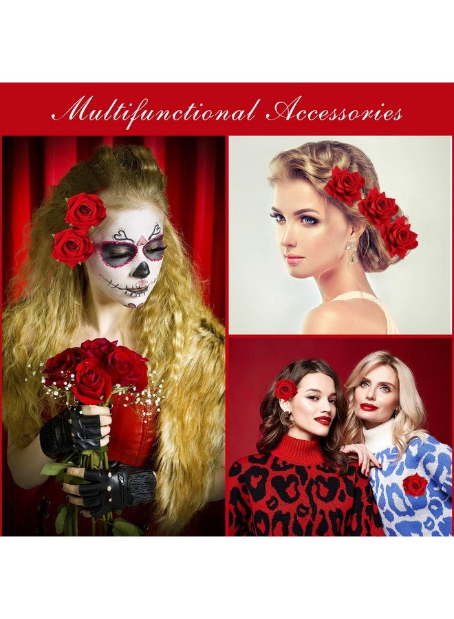 Batiyeer 24 قطعة مشبك شعر زهرة الورد بروش زهرة صغيرة مشابك زهرة أنيقة لشعر الزهور بروشات للنساء والفتيات إكسسوارات شعر الورد دبابيس زهور بوهو (أحمر) - Image 4