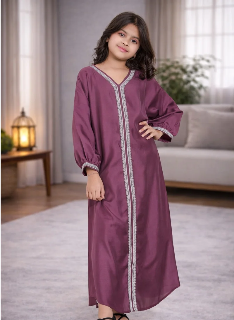 Artemea SOFT SHINY SATIN FINISH SILVER LACE EMBROIDERED JALABIYA