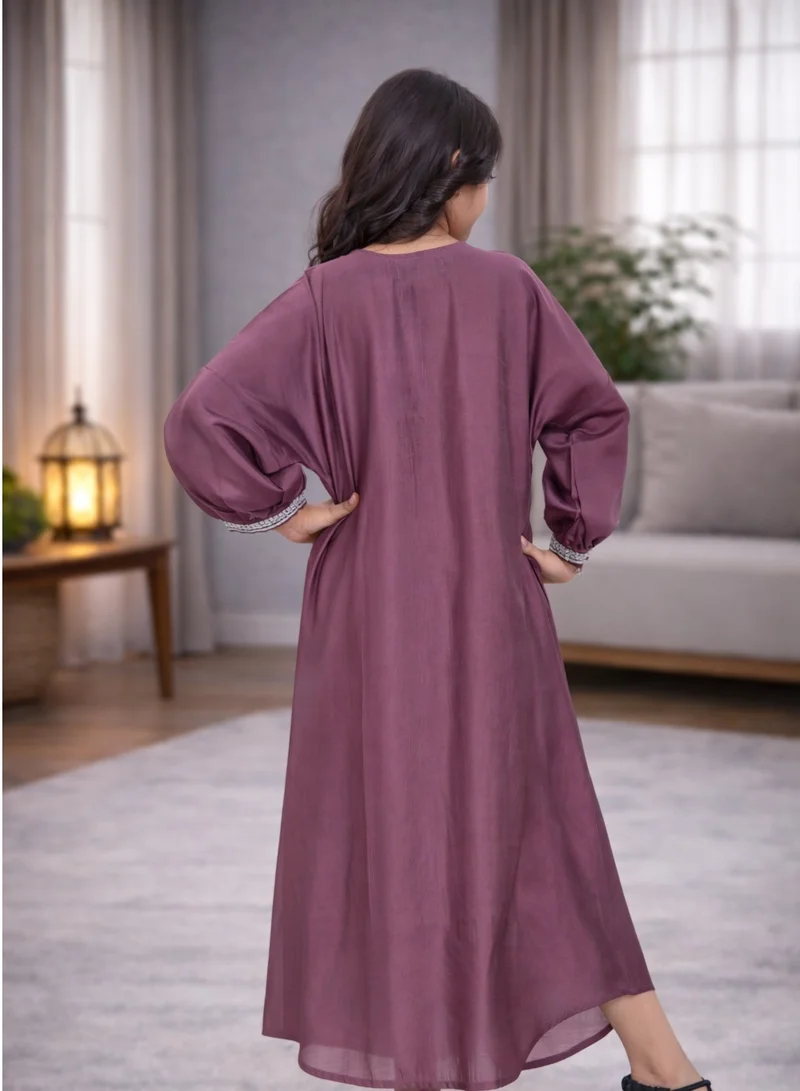 Artemea  SOFT SHINY SATIN FINISH SILVER LACE EMBROIDERED JALABIYA for Women | Best Price UAE
