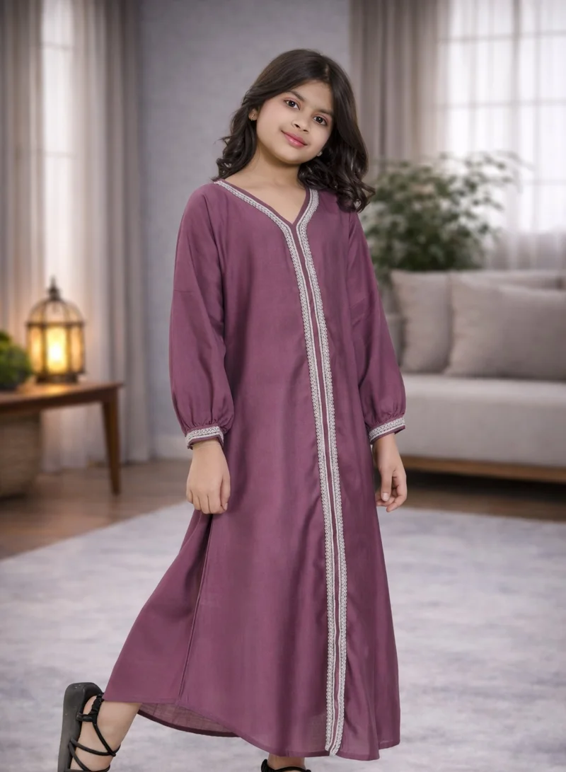 Artemea  SOFT SHINY SATIN FINISH SILVER LACE EMBROIDERED JALABIYA for Women | Best Price UAE