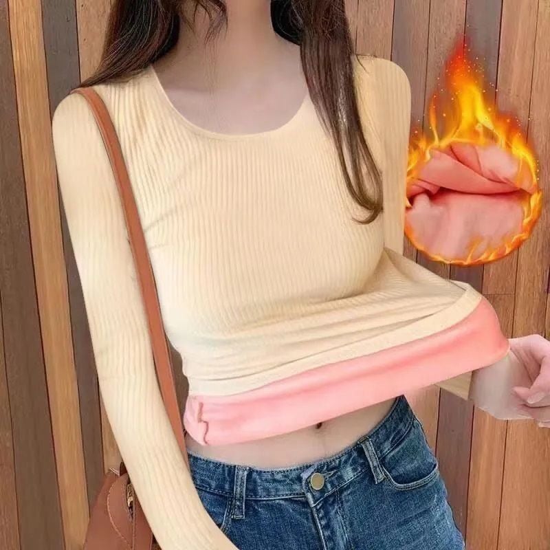 Winter Thermal Underwear Womens Cold-proof fleece-lined Thickened Round Neck Long-sleeved One-piece Fleece Base Shirt Womens Thermal Top XSWQ Apricot [velvet and thickened]