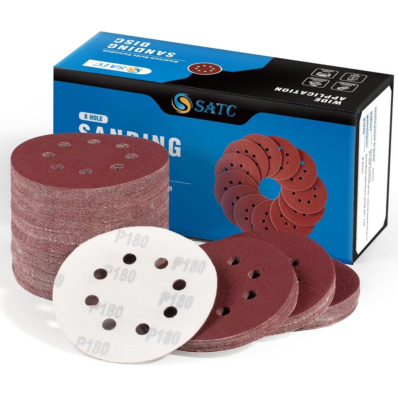 S SATC 150 PCS Hook and Loop Sandpaper 5 Inch Sanding Disc 8 Hole Sanding Discs 180 Grit Premium Aluminum Oxide for Random Orbital Sander - Image 1