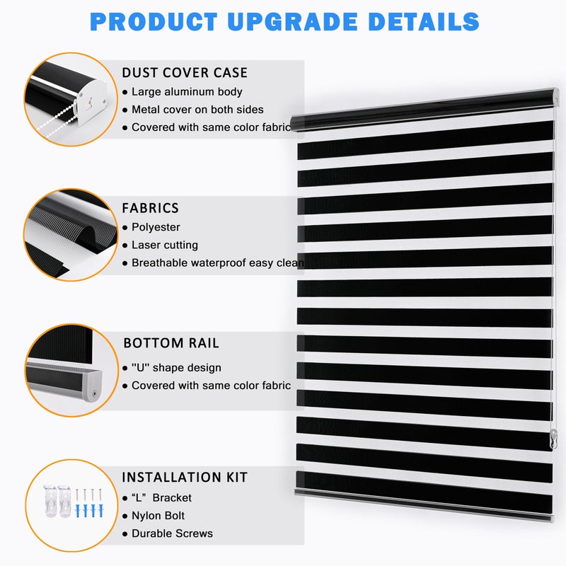 JIANGPIN TEXTILE Custom Size Blackout Zebra Blinds, Dual Layer Free-Stop, Room Darkening Zebra Shades, Blinds for Indoor Windows, Light Filtering Privacy Sheer Shade for Home(20" W X 72" H, Black) - Image 4