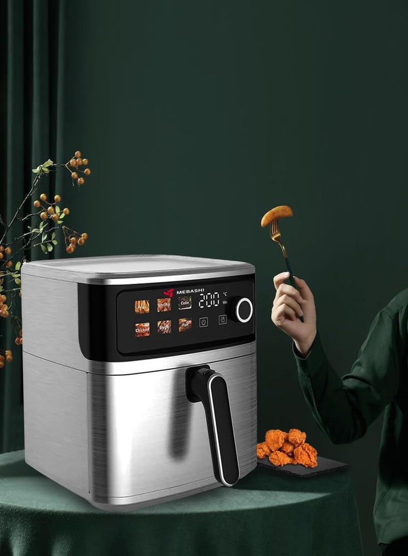 MEBASHI Air Fryer, 8L Capacity, Stainless Steel, LED Display, 6 Presets, 75-200°C, Cool-to-touch housing, Auto shut-off, Air outlet filter, Visible pan (ME-AF955)(2000W) - Image 3