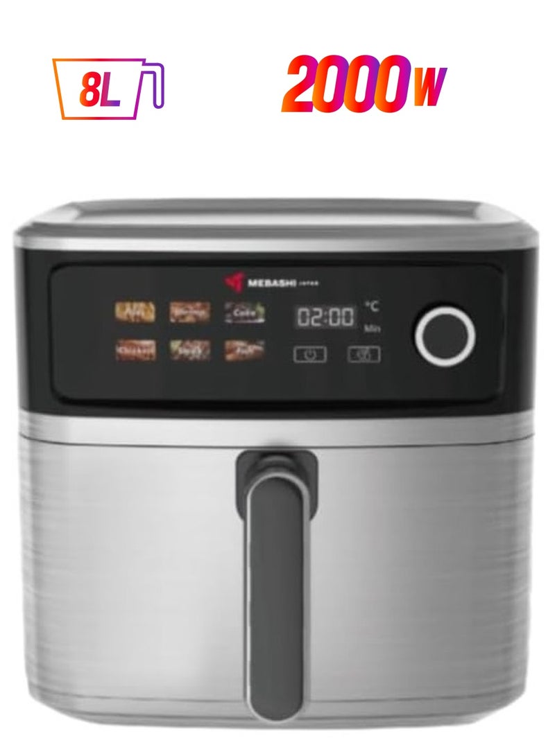MEBASHI Air Fryer, 8L Capacity, Stainless Steel, LED Display, 6 Presets, 75-200°C, Cool-to-touch housing, Auto shut-off, Air outlet filter, Visible pan (ME-AF955)(2000W) - Image 1