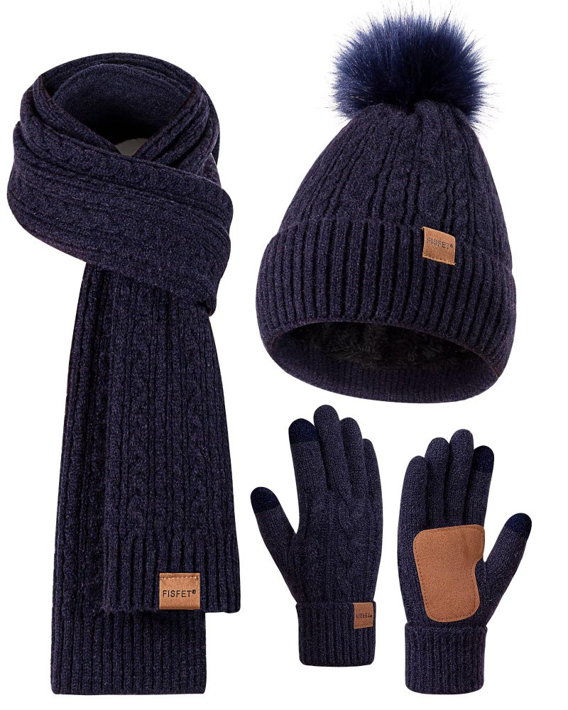 FISFET Winter Beanie Hat Scarf Gloves Set for Women, Pom Pom Beanie with Fleece Lined Long Knit Neck Warmer Fingers Touchscreen Gloves, Fashionable Cute Warm 3 in 1 Gift Set for Cold Weather(Navy) - Image 1