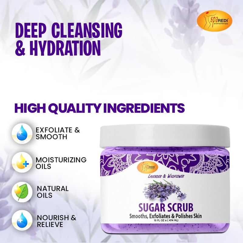 SPA REDI Sugar Scrub - Lavender and Wildflower - 16 Oz - Exfoliating, Moisturizing, Hydrating and Nourishing, Glow, Polish, Smooth and Fresh Skin - Body Exfoliator - Image 5
