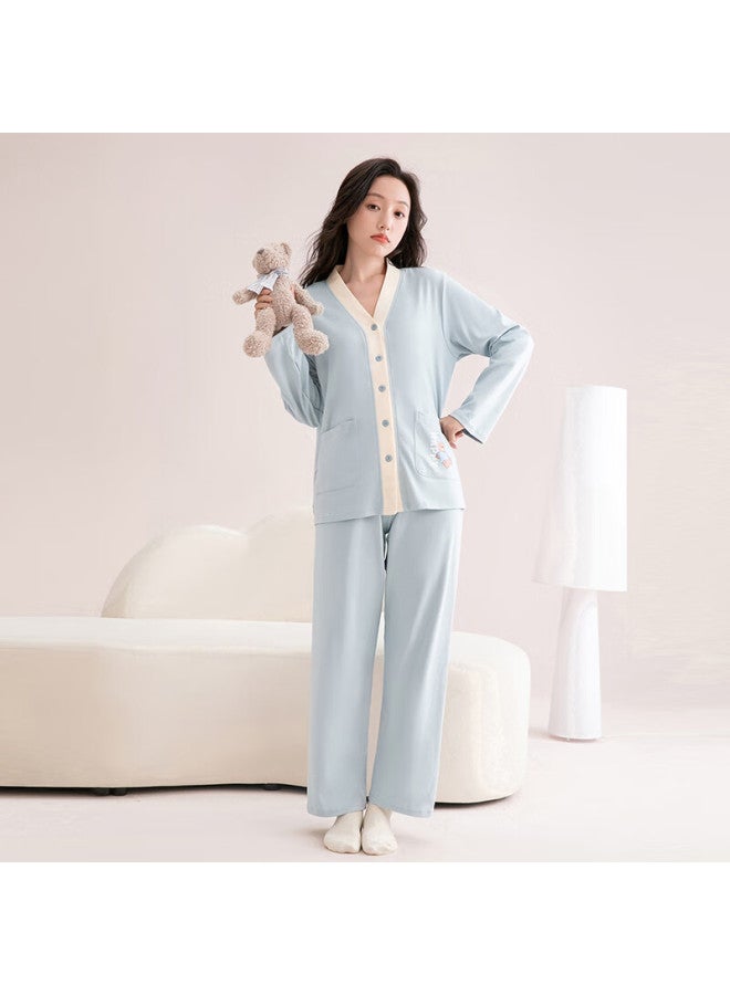 Fenton Fenteng Women's Pajamas, 100% Pure Cotton, Autumn New Arrival, Contrasting Color V-neck, Casual Soft Ladies Loungewear, Soft Cotto - Image 2
