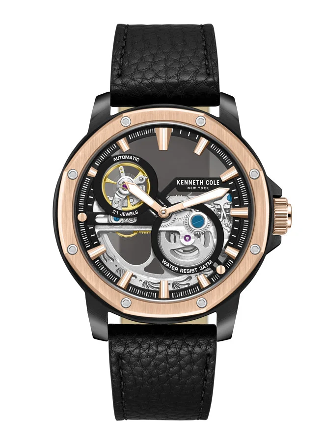 Kenneth Cole New York Kenneth Cole New York 44mm Automatic Men's Watch with Black Dial & Black Genuine Leather Strap