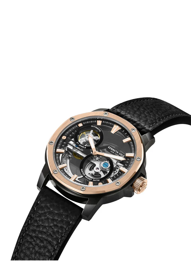 Kenneth Cole New York Kenneth Cole New York 44mm Automatic Men's Watch with Black Dial & Black Genuine Leather Strap