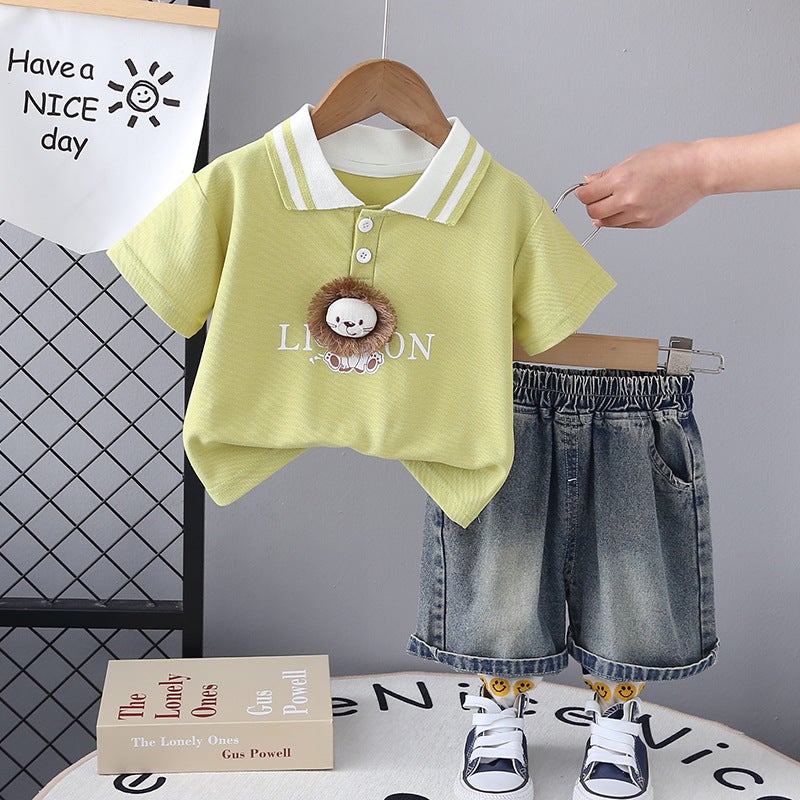 2024 new summer boys lapel lion short sleeve fried salt sand wash shorts two-piece set factory wholesale Gold