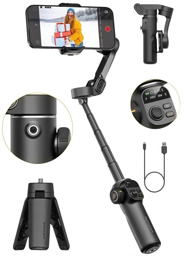AOCHUAN - Smart Gimbal Stabilizer X2 With built-in extension pole and LED display For iPhone and Android Smartphone Gimbal Black - Image 1
