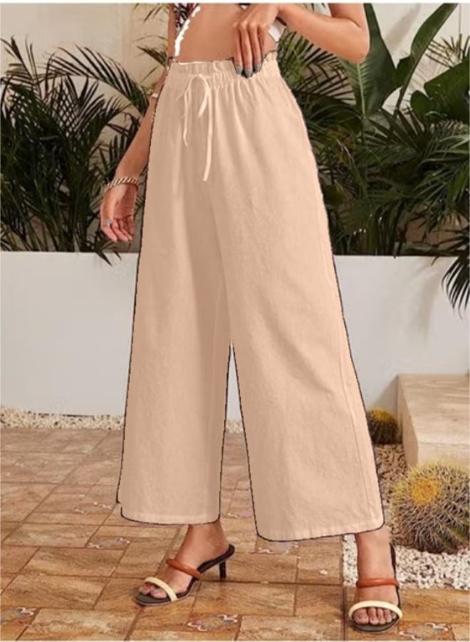Women Casual Wide Leg Linen Trouser Comfy Elastic High Waist Pant KU152  - Image 2