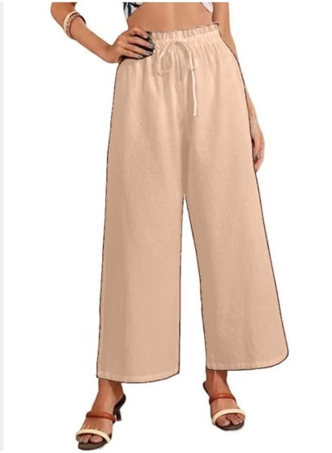 Women Casual Wide Leg Linen Trouser Comfy Elastic High Waist Pant KU152  - Image 1