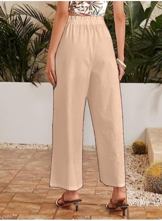 Women Casual Wide Leg Linen Trouser Comfy Elastic High Waist Pant KU152  - Image 3