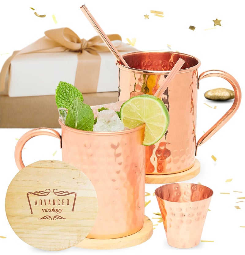 Advanced Mixology Advanced Mixology Gift Set Moscow Mule Mugs Set of 2 16oz  100 Copper Mugs Set w 2 Straws 2 Wooden Coasters  1 Shot Glass  TarnishResistant Food Grade Lacquer Coat