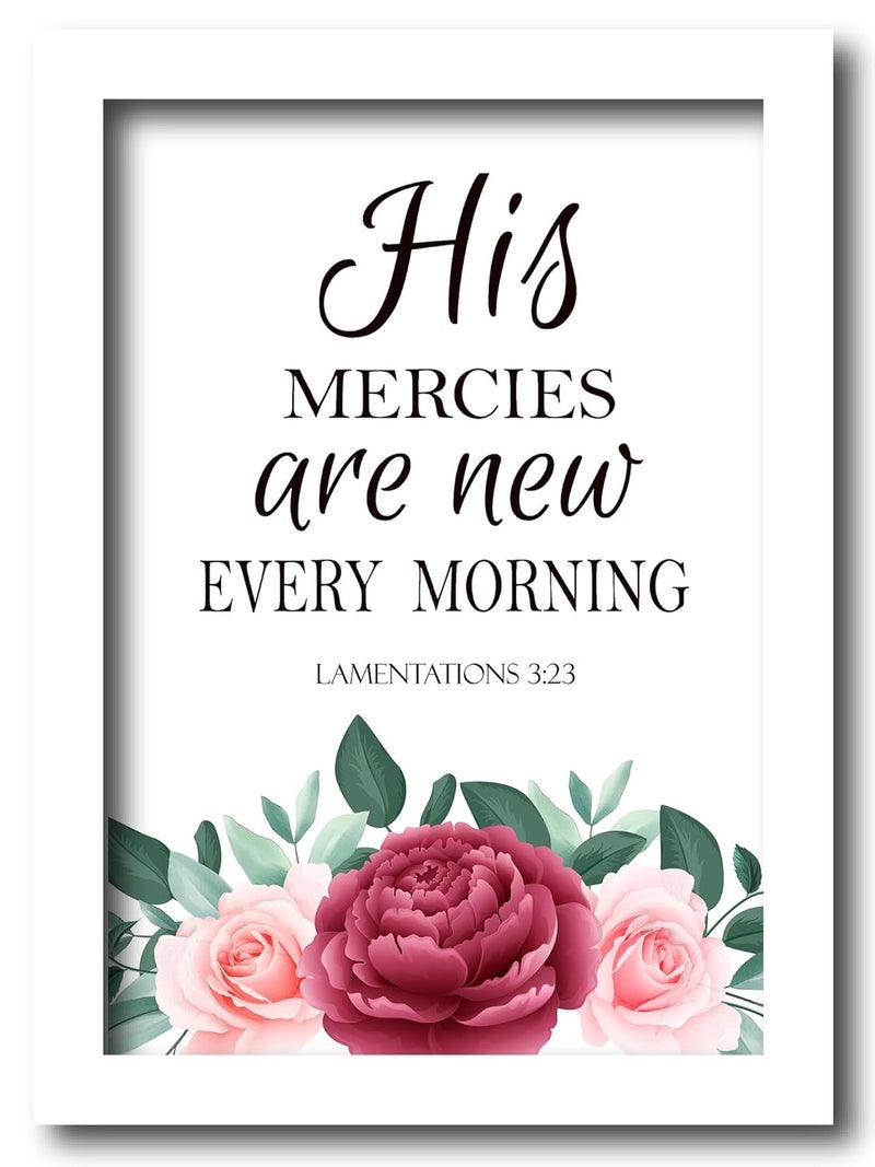 AR Creative His Mercies Bible Verse Wall Photo Framed Wall Poster Bible Quotes Print with Frame Home 136 inch x 102 inch White Frame - Image 1