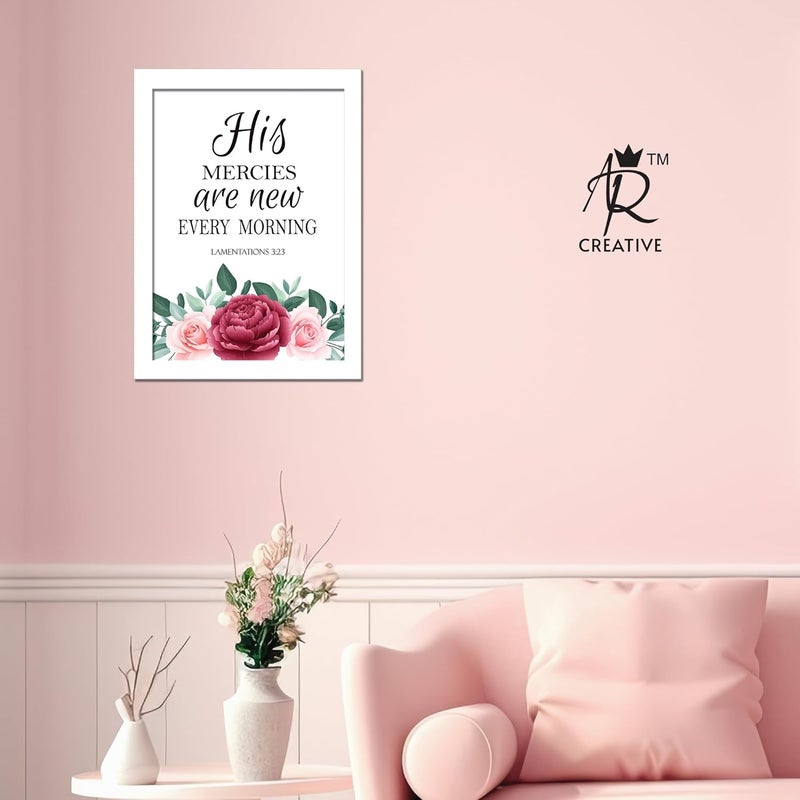 AR Creative His Mercies Bible Verse Wall Photo Framed Wall Poster Bible Quotes Print with Frame Home 136 inch x 102 inch White Frame - Image 2
