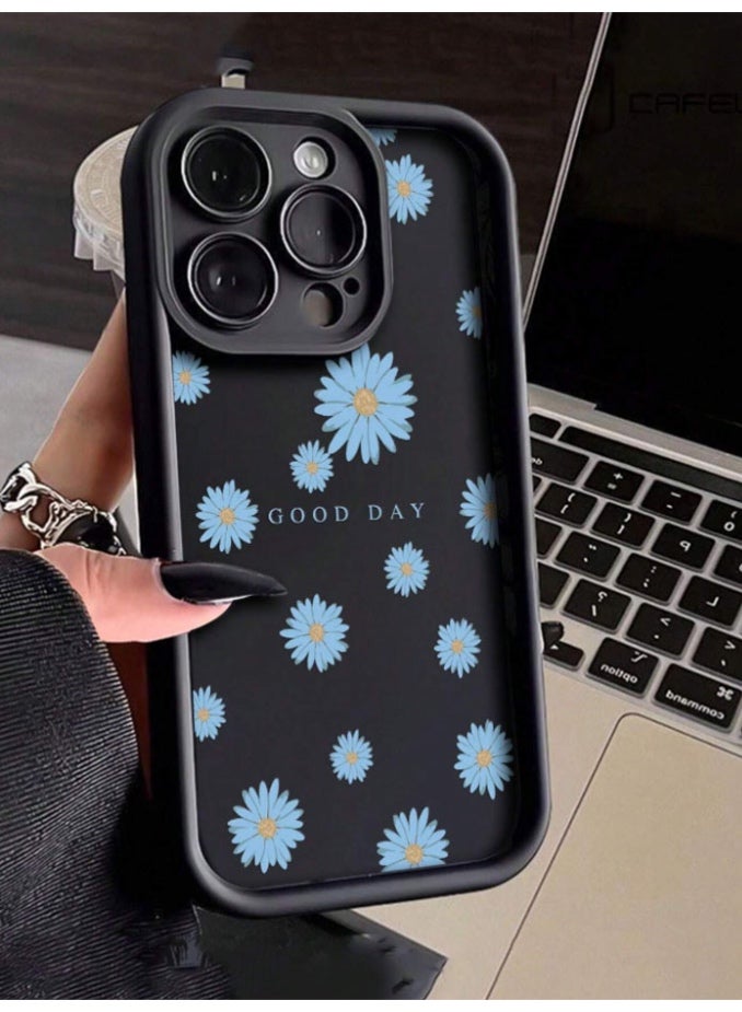 غلاف وغطاء حامي لهاتف iPhone 16  Pro Max، مقاوم للصدمات والخدوش، مع غلاف خلفي مميز بلون اسود مع ورود بلون ازرق فاتح - Image 1