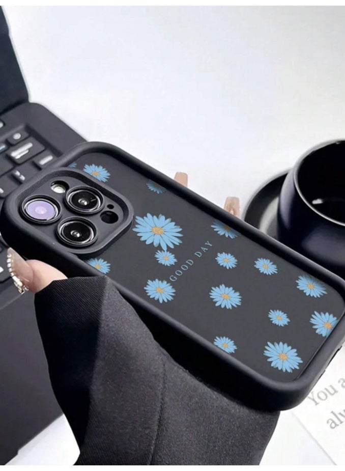 غلاف وغطاء حامي لهاتف iPhone 16  Pro Max، مقاوم للصدمات والخدوش، مع غلاف خلفي مميز بلون اسود مع ورود بلون ازرق فاتح - Image 3