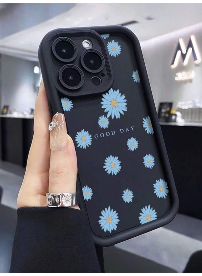 غلاف وغطاء حامي لهاتف iPhone 16  Pro Max، مقاوم للصدمات والخدوش، مع غلاف خلفي مميز بلون اسود مع ورود بلون ازرق فاتح - Image 4