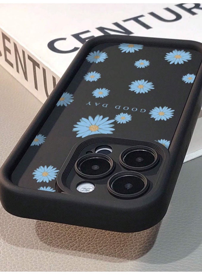 غلاف وغطاء حامي لهاتف iPhone 16  Pro Max، مقاوم للصدمات والخدوش، مع غلاف خلفي مميز بلون اسود مع ورود بلون ازرق فاتح - Image 2