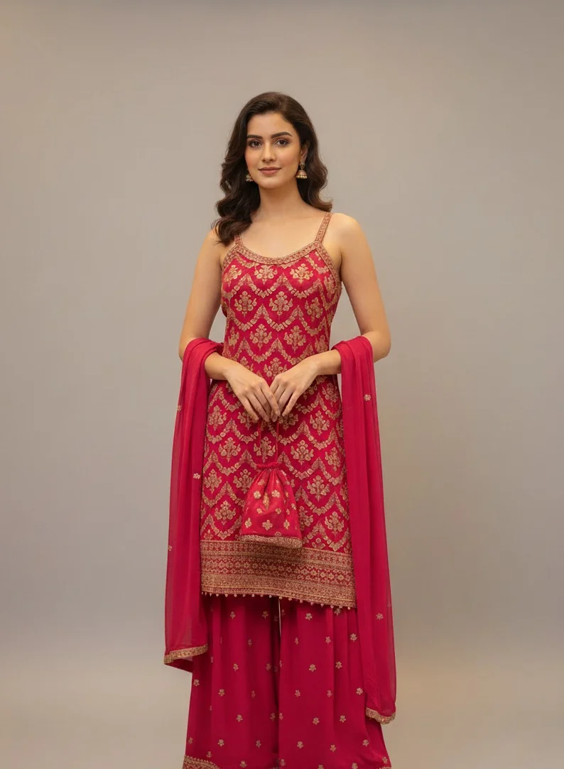 Deep Pink Embroidered Kurta Set with Sharara Pants, Dupatta, and Potli Bag