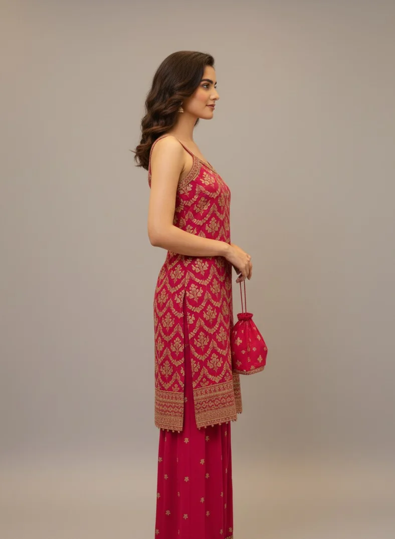 Lehar Deep Pink Embroidered Kurta Set with Sharara Pants, Dupatta, and Potli Bag