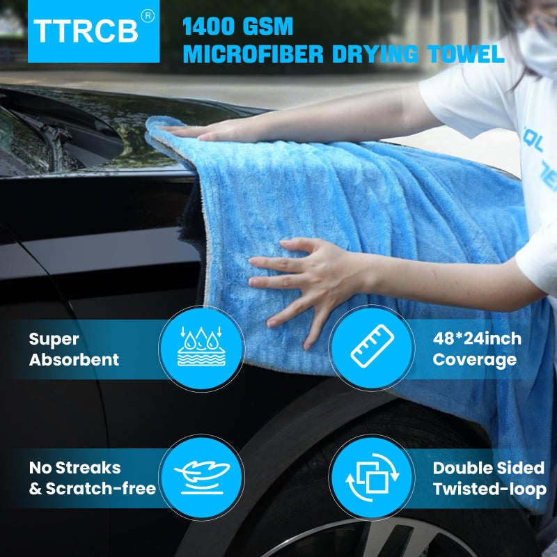 TTRCB 2 Pack Car Drying Towels, 48" x 24" Extra Large Microfiber Towels for Cars, 1400 GSM Ultra-Absorbent, Streak Free, Premium Double Twisted-Loop Drying Towels Car Detailing for SUV, RV, Truck - Image 4