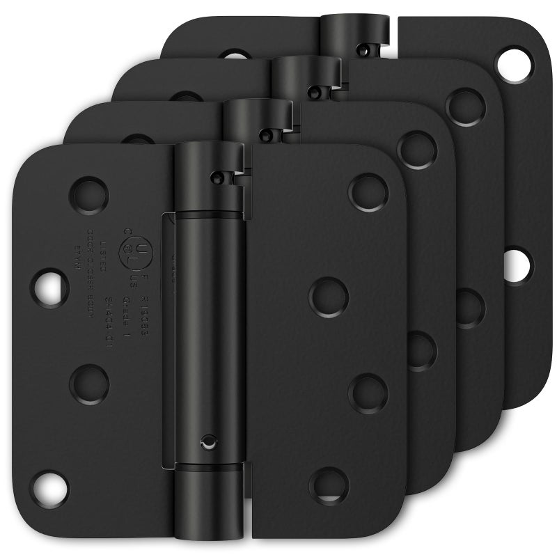 Luxbaro 4 Pack Self Closing Door Hinges 4 Inch Matte Black Spring Loaded Hinges with 58 Radius Corners Adjustable Tension for Garage Front Door for Left and Right Hand Door UL Listed - Image 2