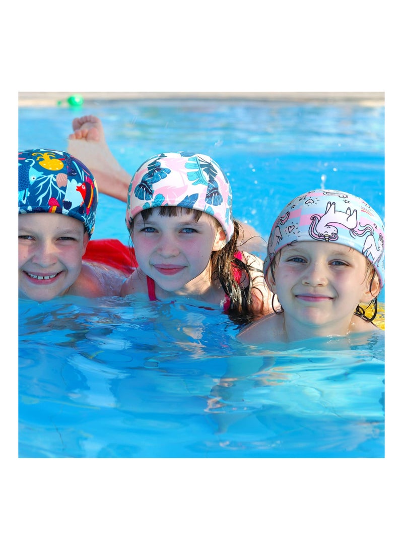 SOLARAE Swim Cap, 3 PCS Kids Swim Caps, for Boys and Girls, Fabric Toddler Swimming Cap, Child's Swim Hats, for Long Hair Pool Beach, Cute Cartoon Children's Swimming Cap, Waterproof Unicorn Swimming Hat - Image 3