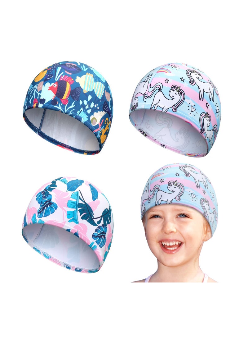 SOLARAE Swim Cap, 3 PCS Kids Swim Caps, for Boys and Girls, Fabric Toddler Swimming Cap, Child's Swim Hats, for Long Hair Pool Beach, Cute Cartoon Children's Swimming Cap, Waterproof Unicorn Swimming Hat - Image 1