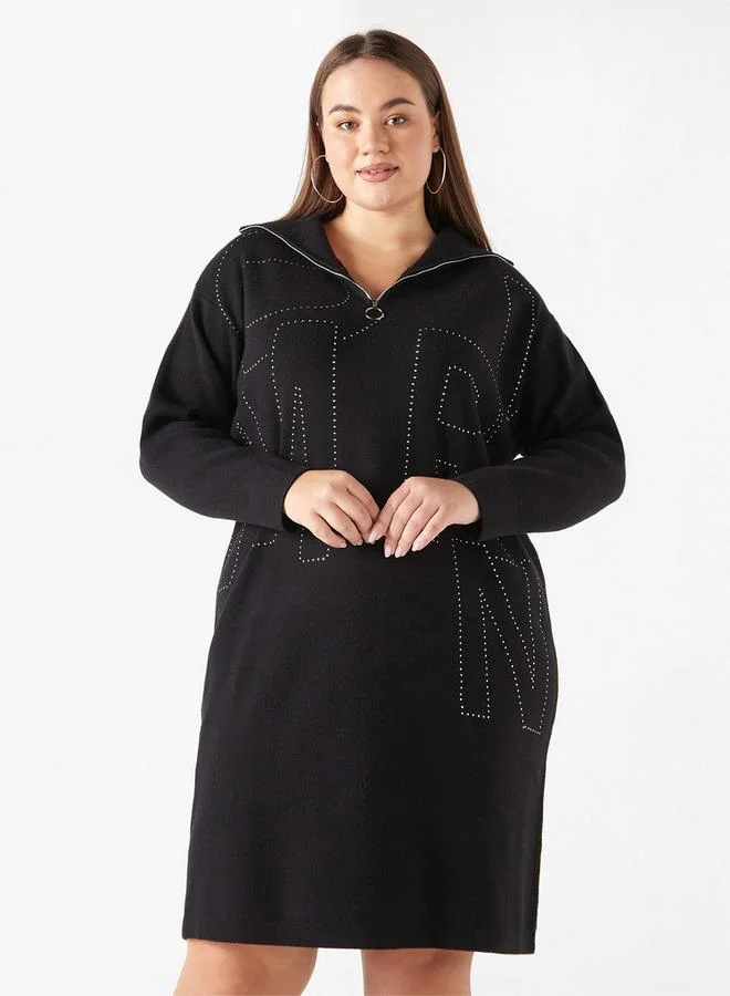 Ulla Popken Plus Size Ulla Popken Embellished Dress with Collar and Zip Detail