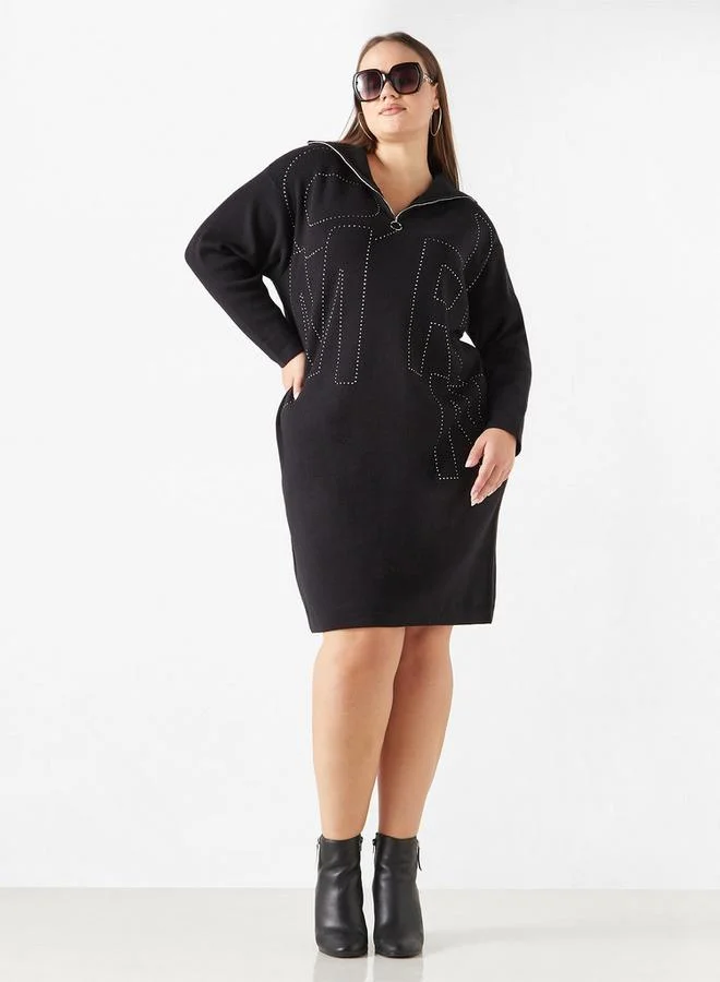 Ulla Popken Plus Size Ulla Popken Embellished Dress with Collar and Zip Detail