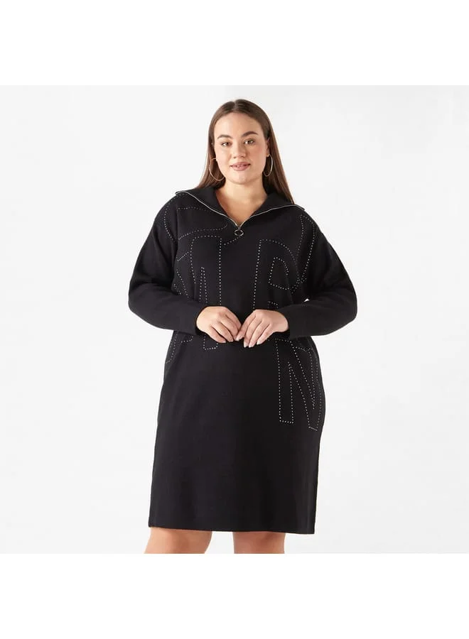 Ulla Popken Plus Size Ulla Popken Embellished Dress with Collar and Zip Detail