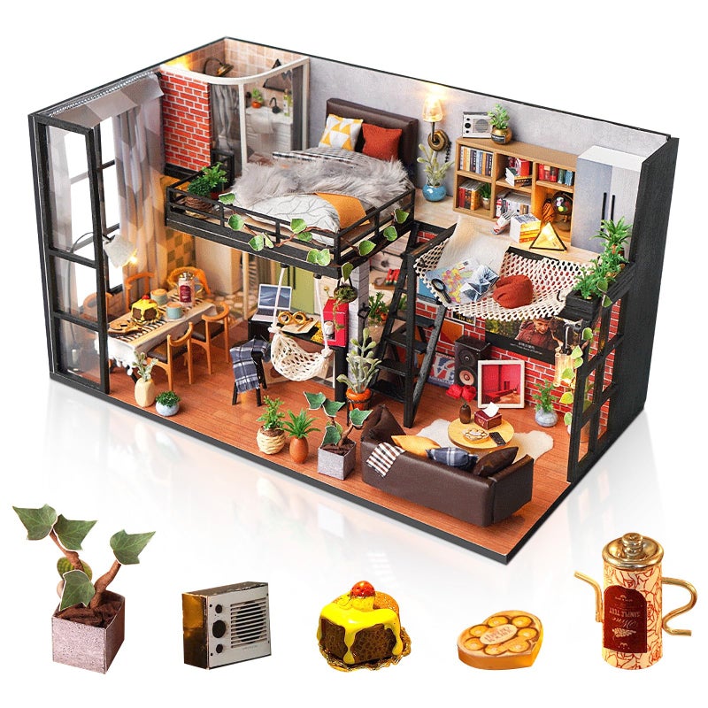 Foyucool DIY Miniature House Kit Dollhouse Kit with Dust Cover Mini House Building Kits for for Adult to Building Christmas Home Decorations Gifts for Family and Friends Loft - Image 2