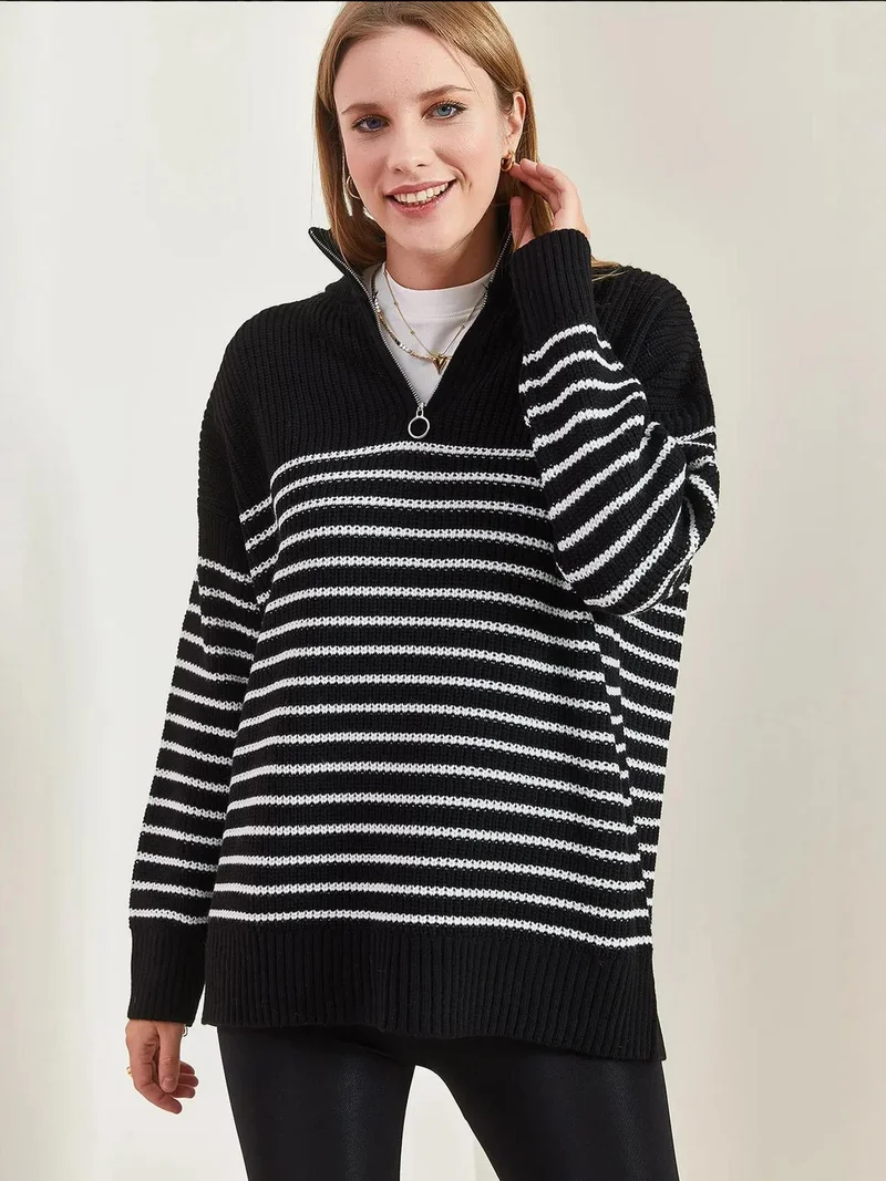 Bianco Lucci LUCCI Striped Zipper Collar Relaxed Fit Sweater