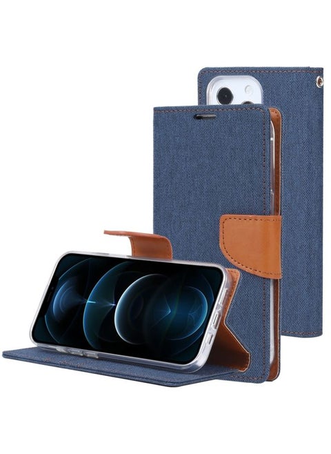 Case Cover For iPhone 13 Pro GOOSPERY CANVAS DIARY Cross Texture Horizontal Flip Leather Case with Holder& Card Slots & Wallet Navy Blue