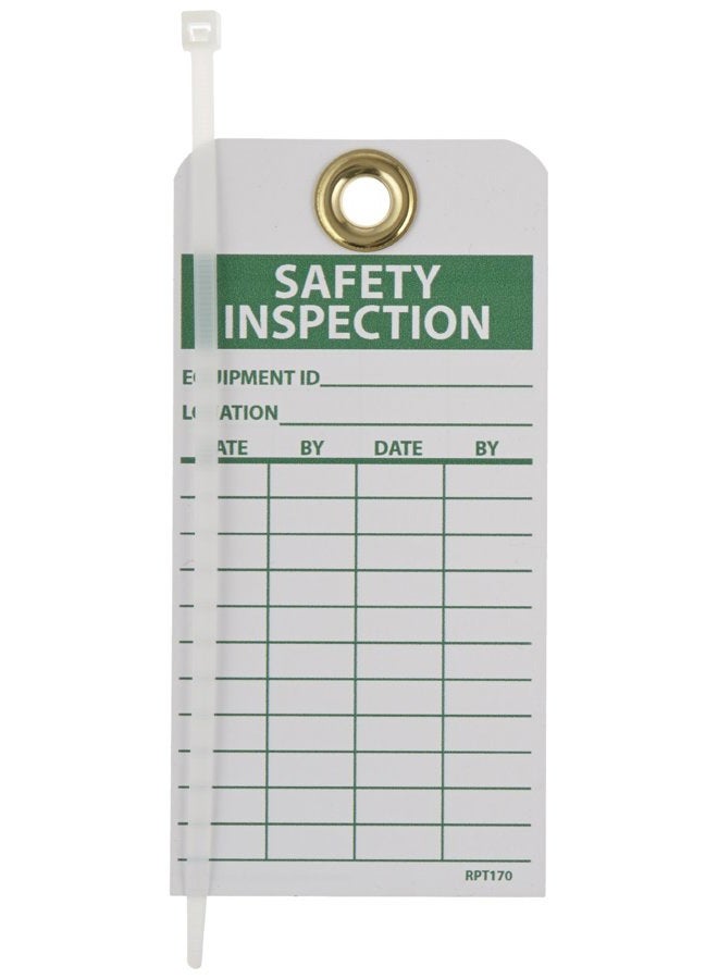 NMC RPT170G"SAFETY INSPECTION" Accident Prevention Tag with Brass Grommet, Unrippable Vinyl, 3" Length, 6" Height, Green on White (Pack of 25) - Image 1